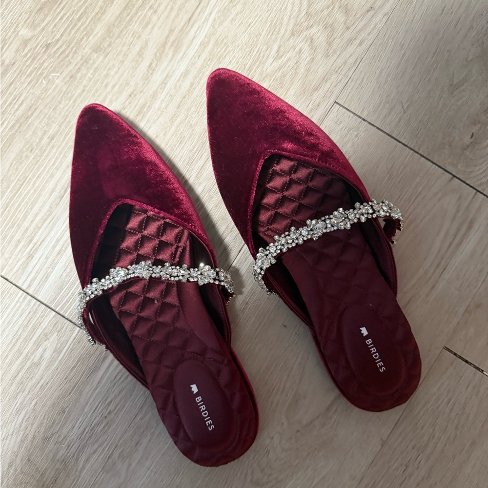 Birdies Red Velvet Mules with Embellished Strap